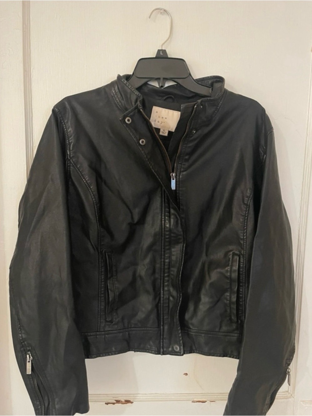 a new day Black Leather Bomber Jacket